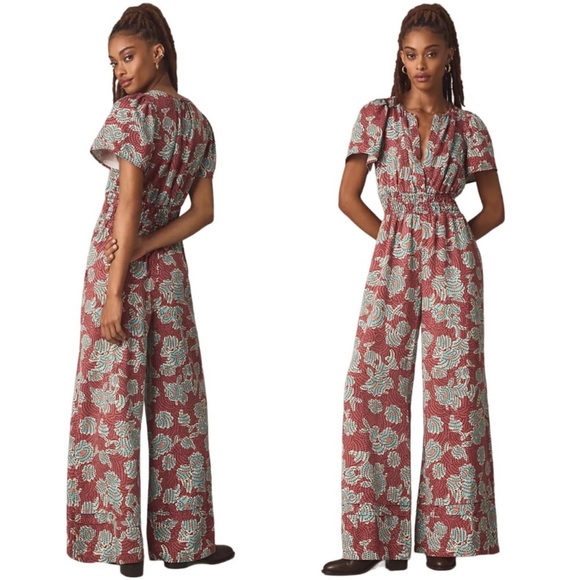 Anthropologie Burgundy and Cream Leaf Print Jumpsuit - Picture 1 of 13